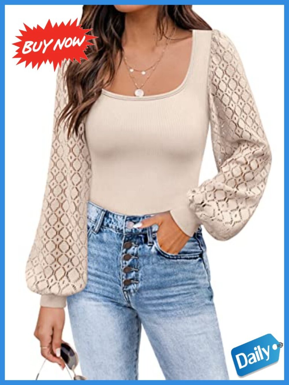 DOROSE Womens Mesh Long Sleeve Square Neck Blouse Slim Fit Casual Top